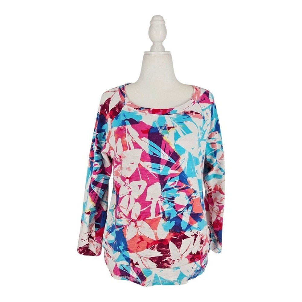 T by Talbots Pullover‎ Top Womens Large Pink Blue Floral UPF 50+ Long Sleeve